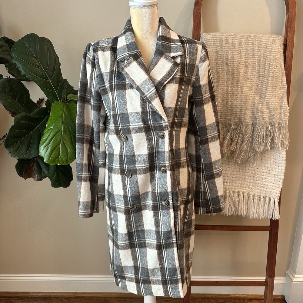Blu Pepper‎ Women's Jacket Size Medium Plaid Gray Brown Tan Coat Blazer Longline